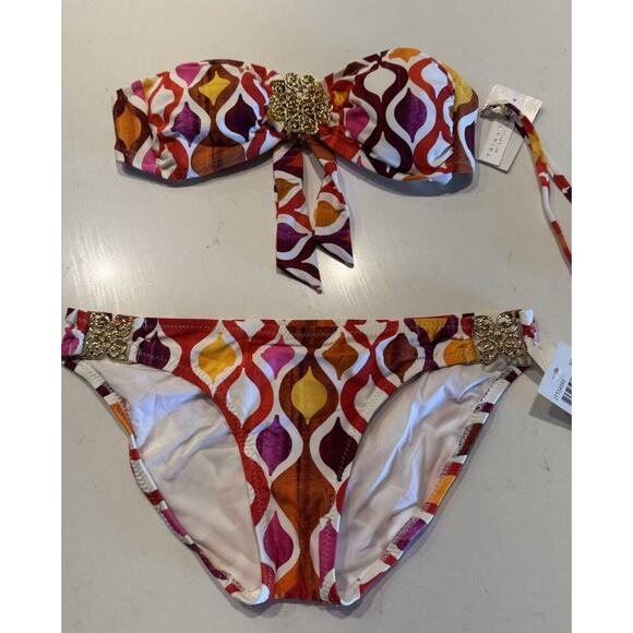 Trina Turk Bikini Set Size 2 Bandeau Two Piece Top Bottom Gold Hardware Resort - Picture 1 of 8